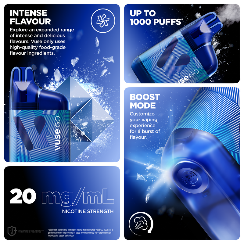 Vuse Go Reload 1000 Flavours Vuse Go Reload 1000 Pod Kit | USB-C Fast Charge Vuse Go Reload 1000 Flavours Vuse Go Reload 1000 Pod Kit | USB-C Fast Charge
